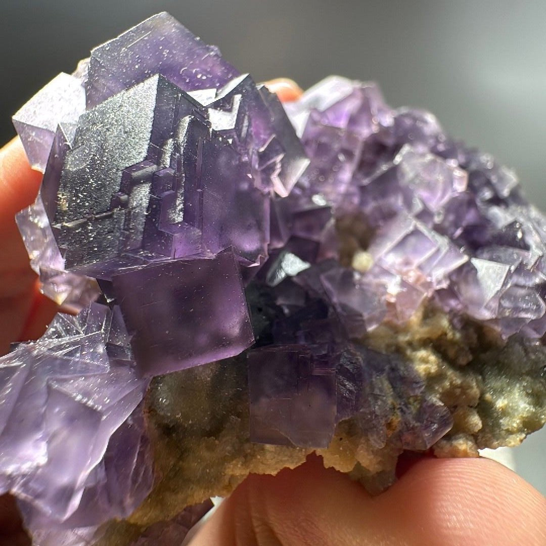 Angled view where light picks out the flat square faces of the largest fluorite cubes