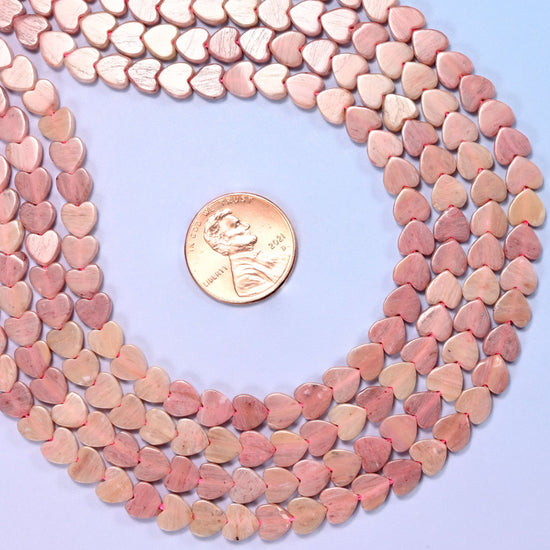 Pink Rhodonite Flat Heart Beads, dusty rose and antique pink marbled with soft beige and warm tan