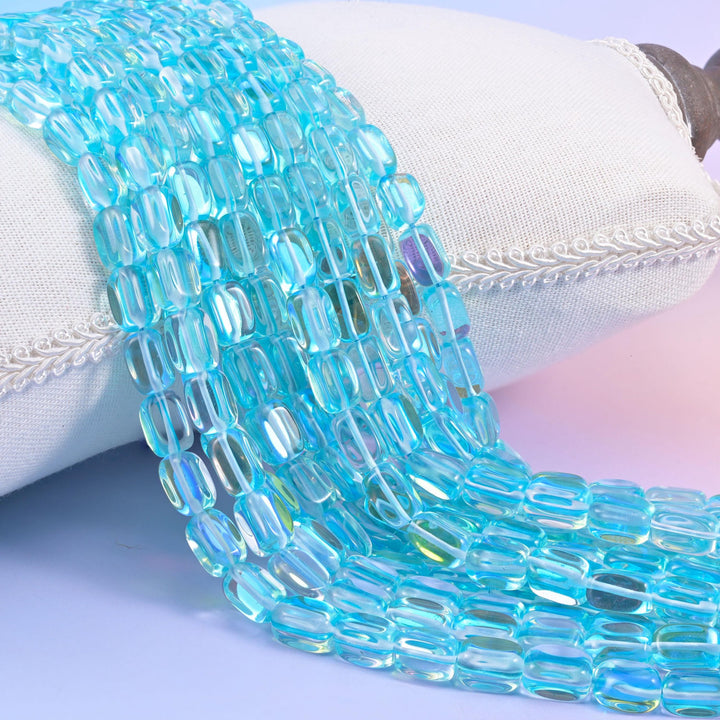 Light Blue Mystic Aura Rectangle Glass Beads, glossy glass with iridescent glow