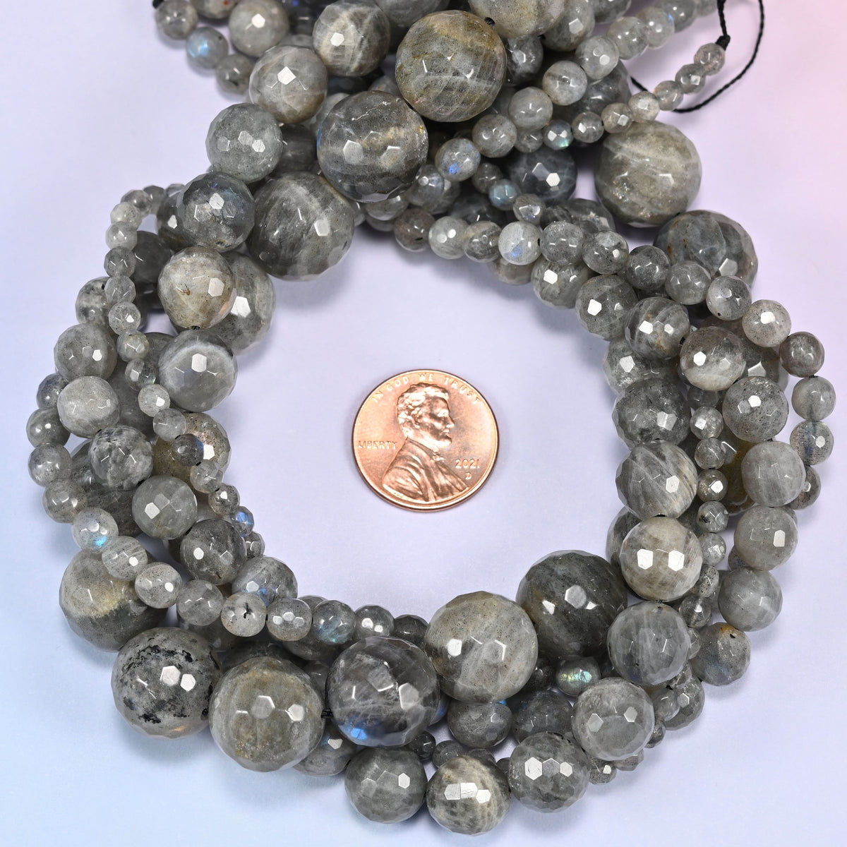 Gray Labradorite faceted round beads looped close, center drilled with holes of 0.8mm to 1.2mm