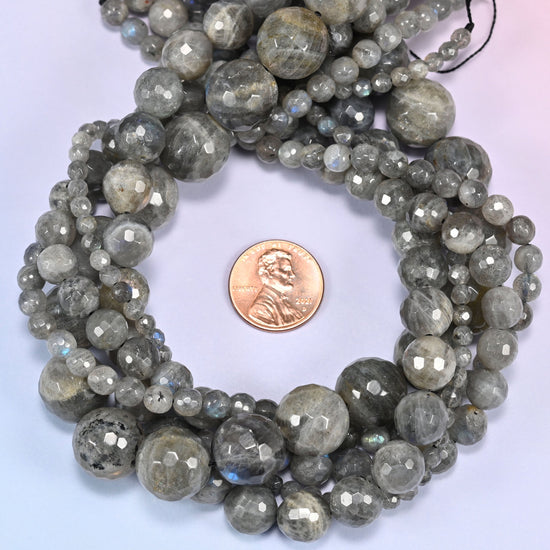Gray Labradorite faceted round beads looped close, center drilled with holes of 0.8mm to 1.2mm