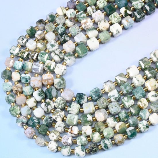 Tree Agate Faceted Cube Beads, 15 inch strand