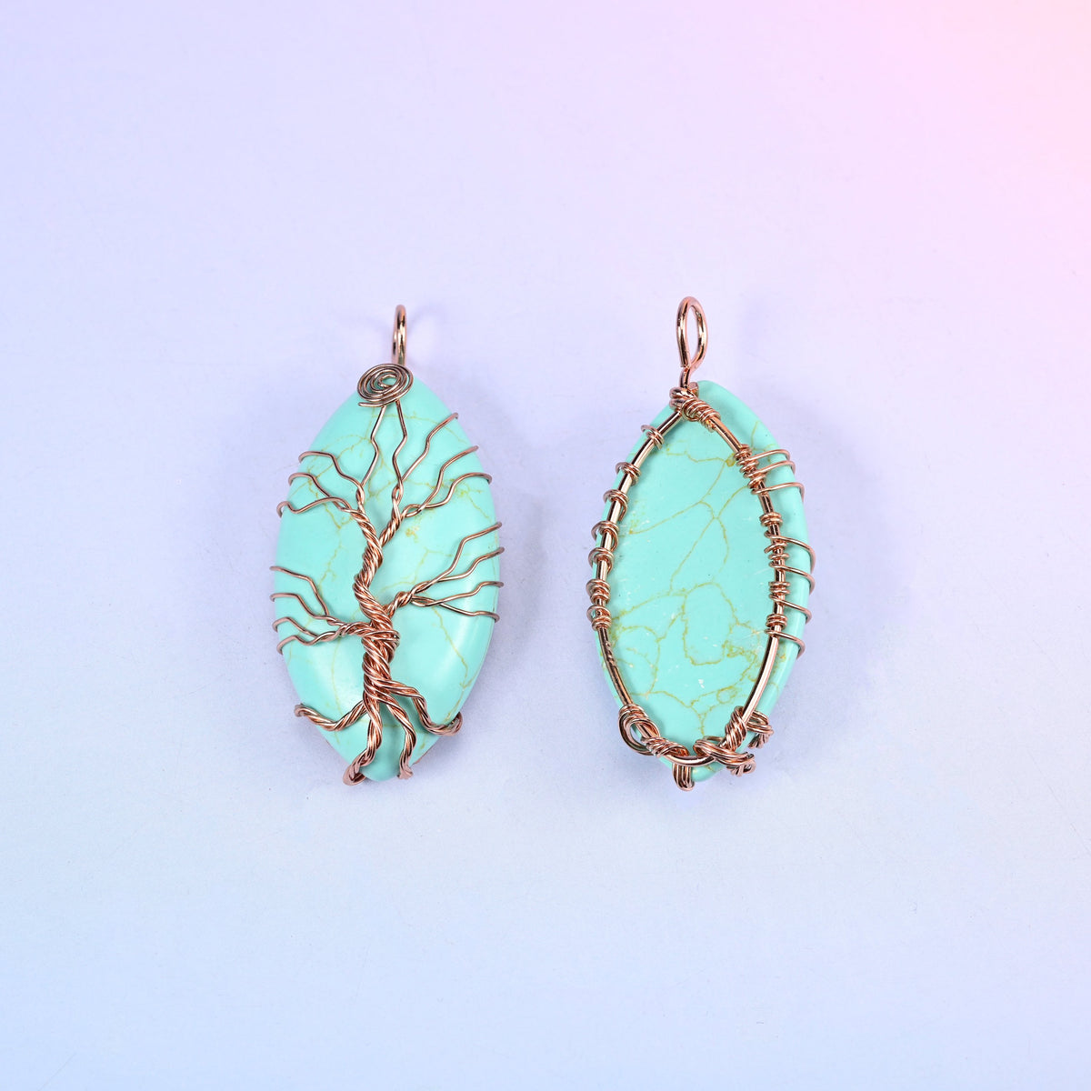 Oval Crystal Pendant with Copper Wired Tree in mint green, front and reverse side by side, the back showing dark veining through the stone.