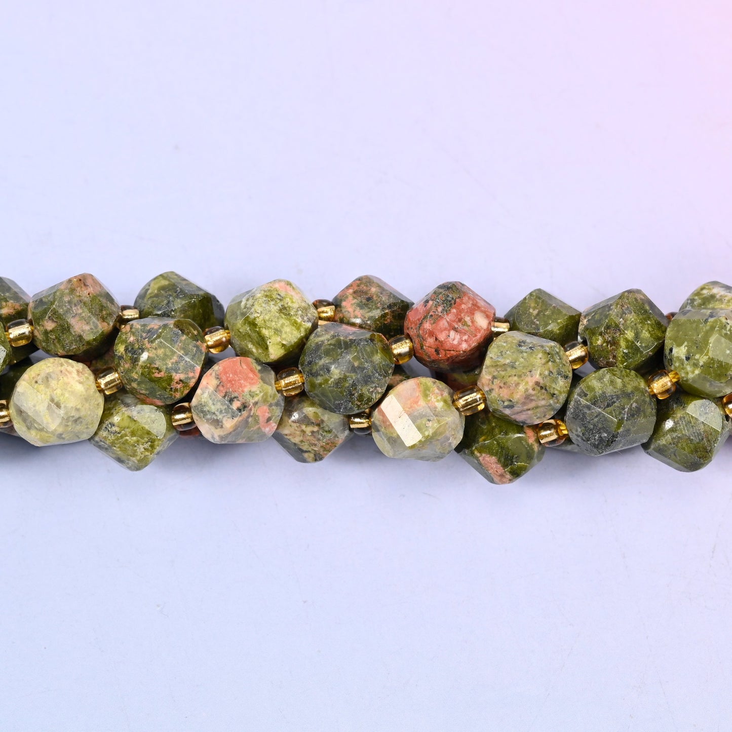 Unakite faceted spiral twist natural stone beads for jewelry making, 10mm