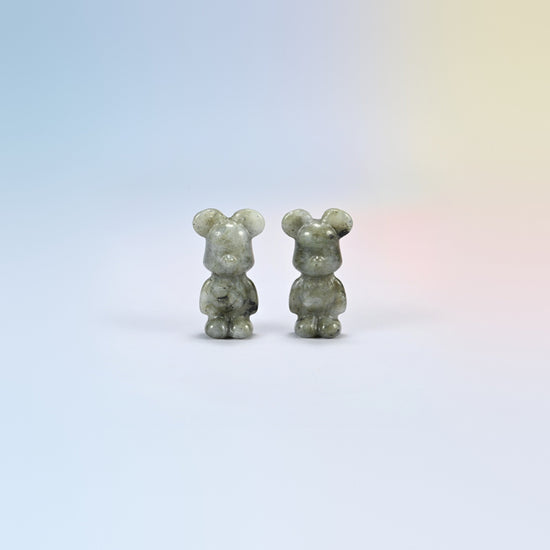Two 1.5 inch gray labradorite power bear crystal carvings, gray-green natural stone with dark speckles