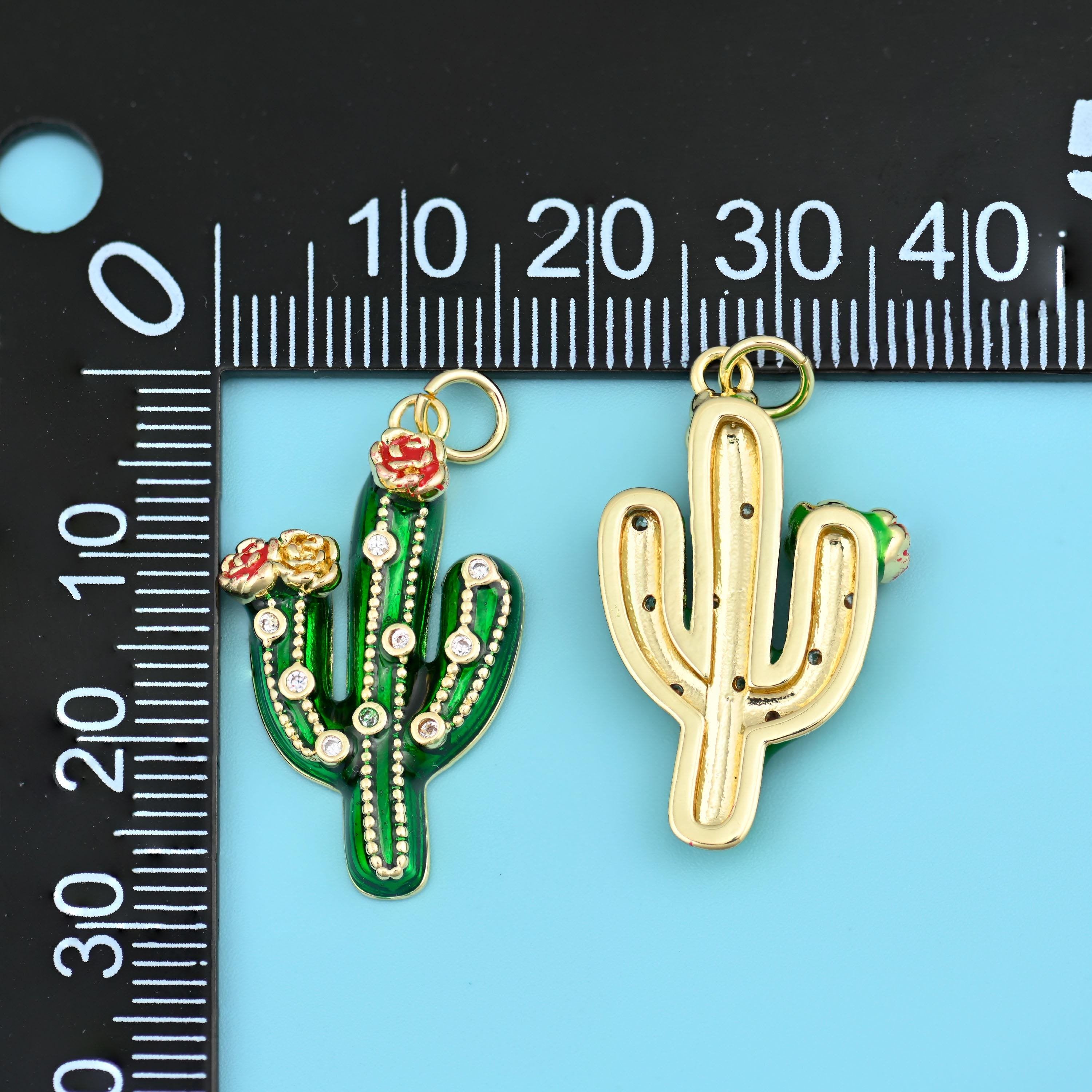 18K Gold Filled Enamel Zircon Cactus Charm: DIY Jewelry Making Supply
