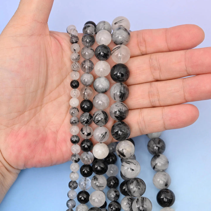 Black Rutilated Quartz beads, round, 6mm to 12mm