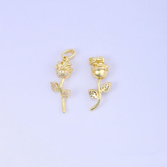 Brass rose and stem charm accented with sparkling clear zircon pave