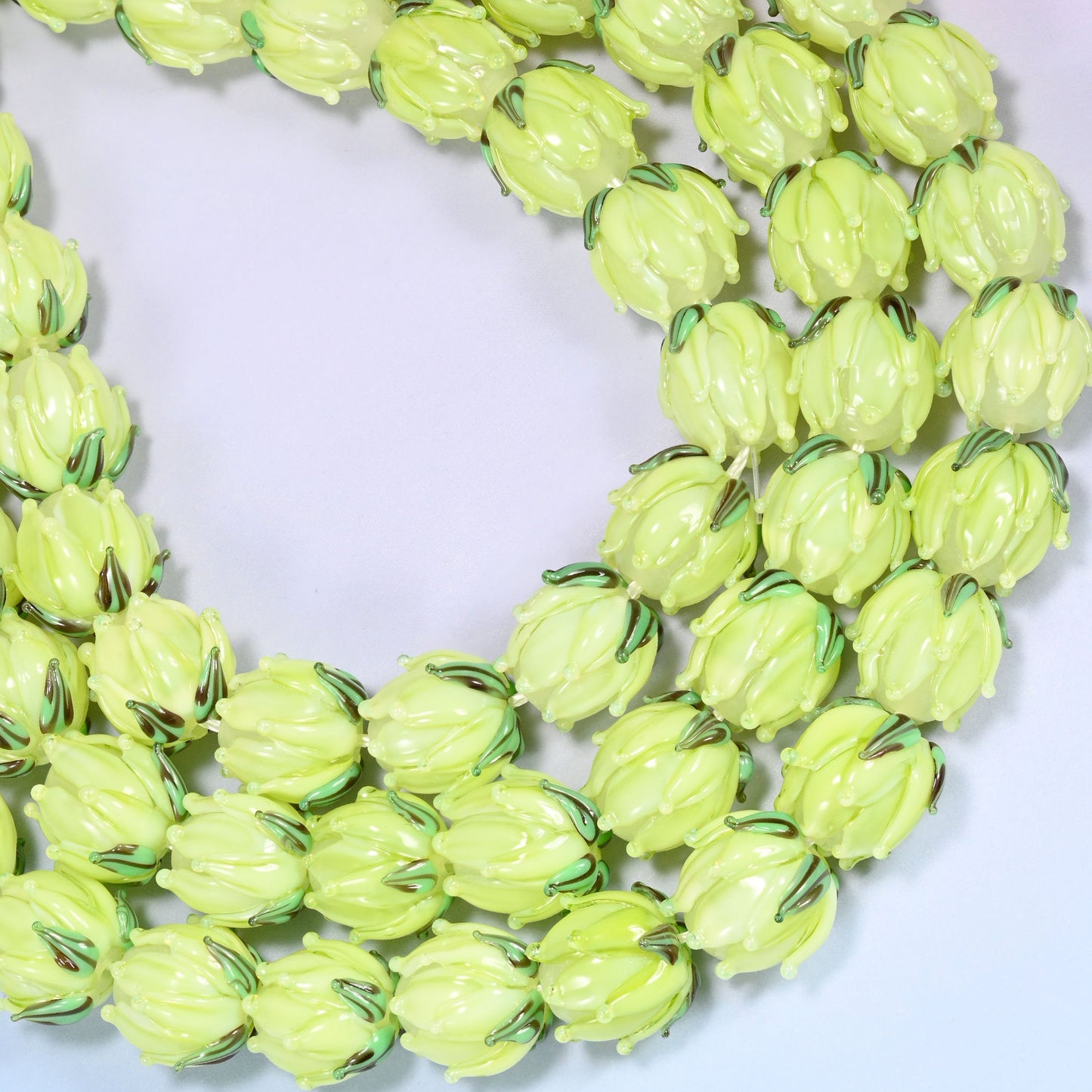 Lime green tulip flower bud lampwork glass beads, hole 1.2mm to 1.8mm