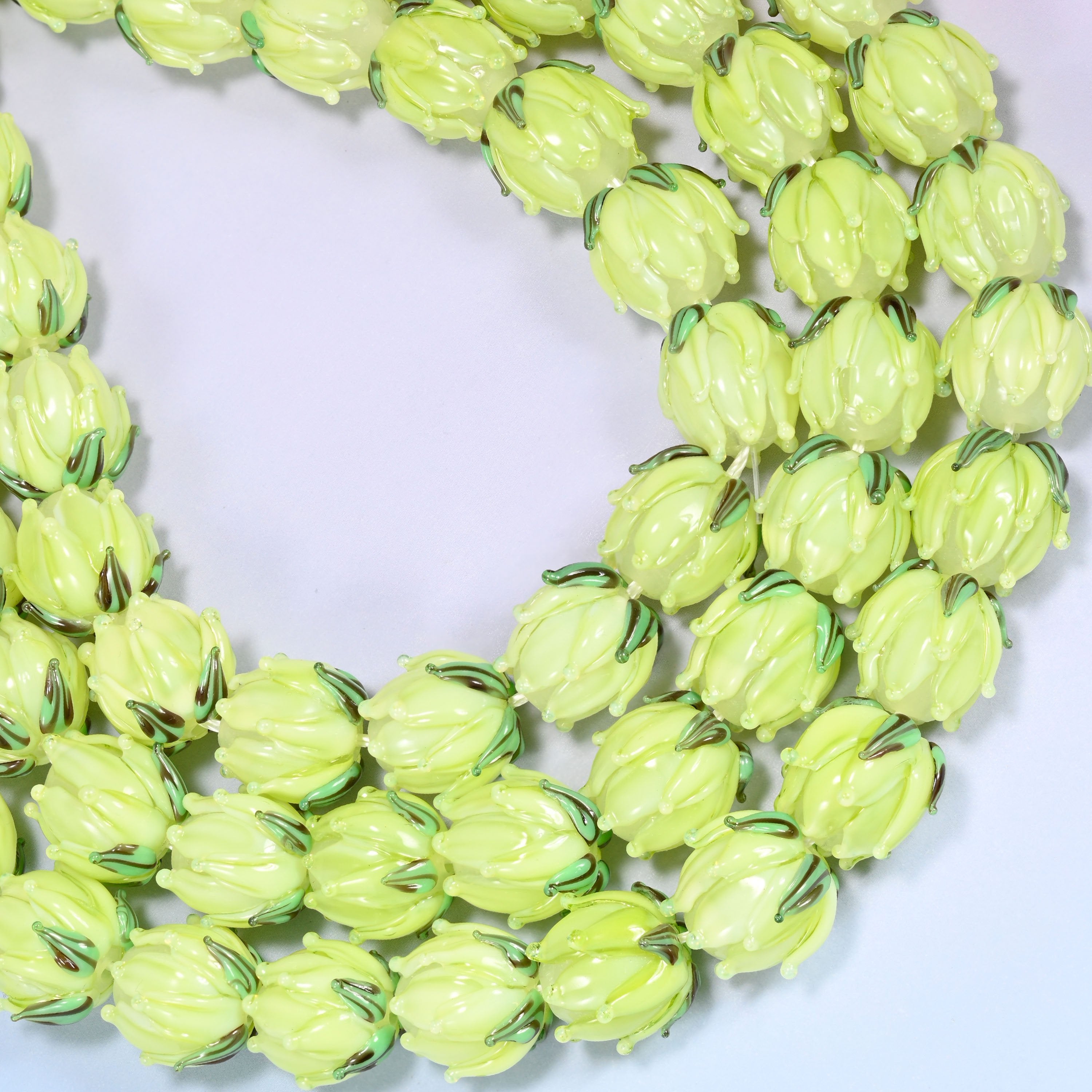 Lime green tulip flower bud lampwork glass beads, hole 1.2mm to 1.8mm