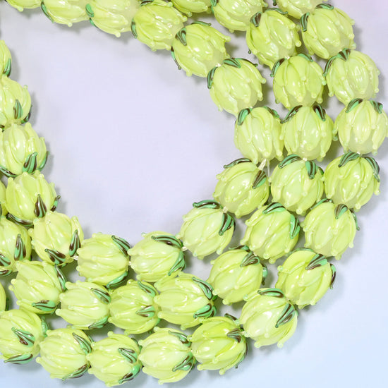 Lime green tulip flower bud lampwork glass beads, hole 1.2mm to 1.8mm