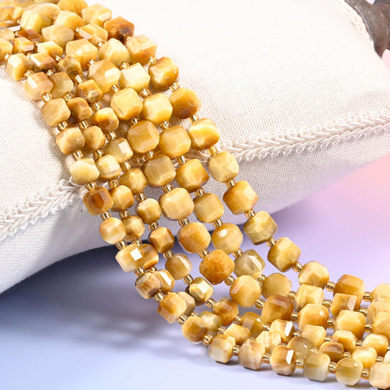 Gold Tiger Eye Faceted Cube Beads, natural stone with silky chatoyant sheen