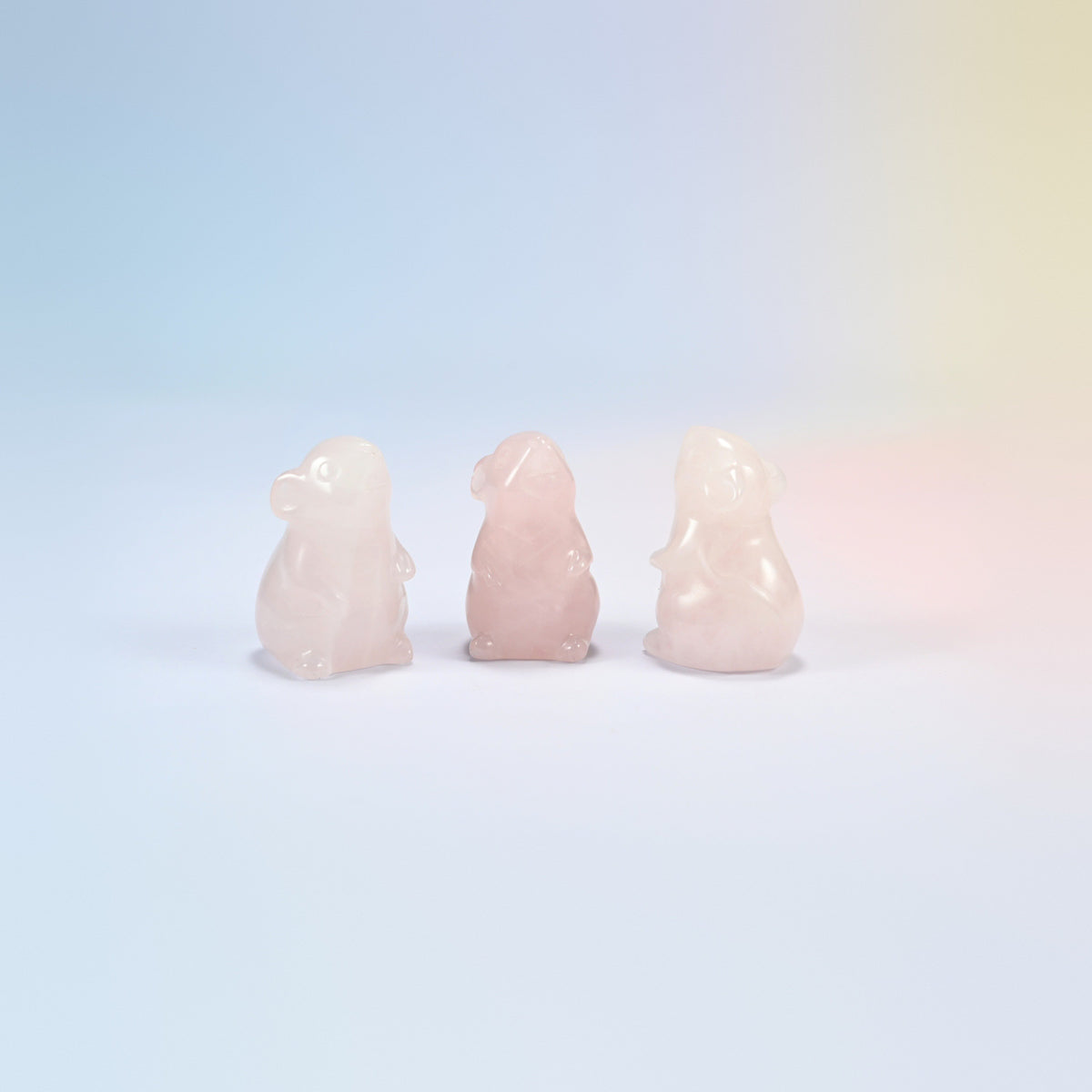 Three natural rose quartz mouse crystal carvings, 1.5 inch, light pink
