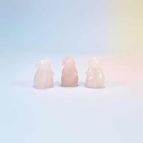 Three natural rose quartz mouse crystal carvings, 1.5 inch, light pink