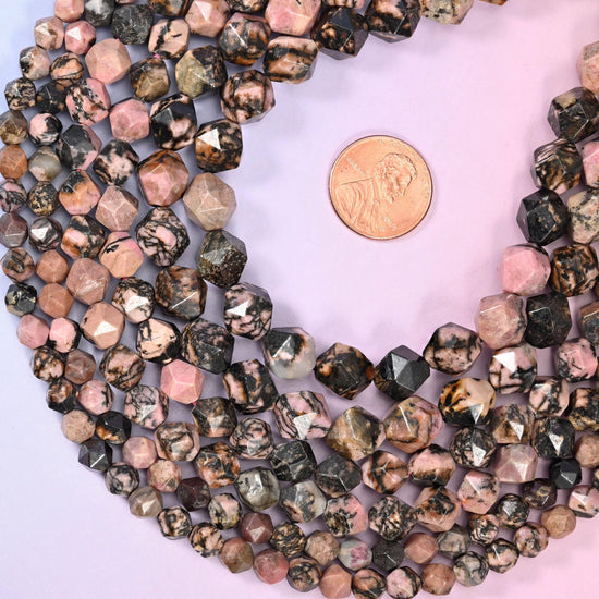 Black Line Rhodonite Faceted Diamond Star Cut Beads, 6mm approximately 63 beads, 8mm approximately 47 beads, 10mm approximately 38 beads per strand