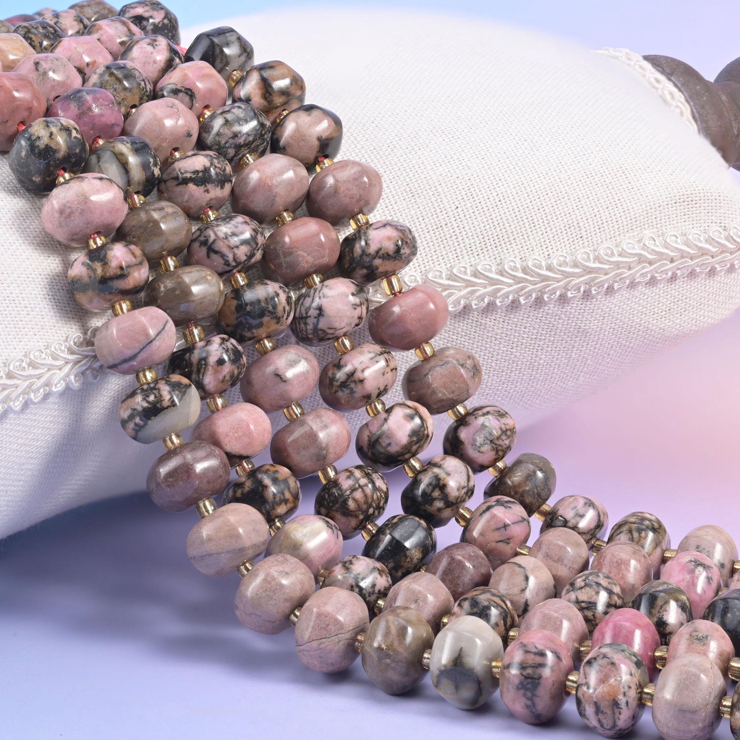 Rhodonite Pumpkin Rondelle Beads, natural stone in soft pink with black veining