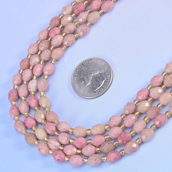 Pink Rhodonite Faceted Rice Barrel Beads in dusty rose and warm beige