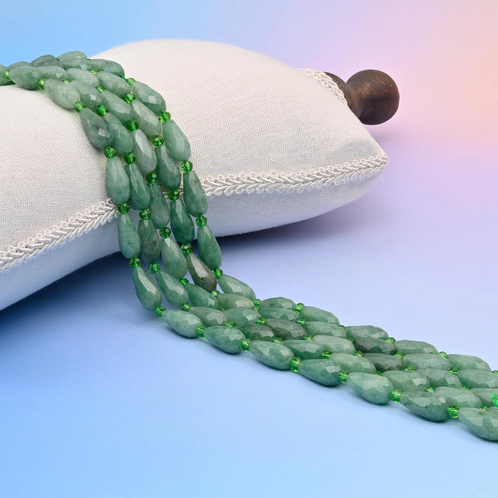 Natural Green Aventurine faceted teardrop beads, sage and olive with fine glitter