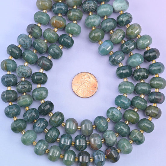 Moss agate smooth pumpkin beads in deep forest green with moss-like inclusions