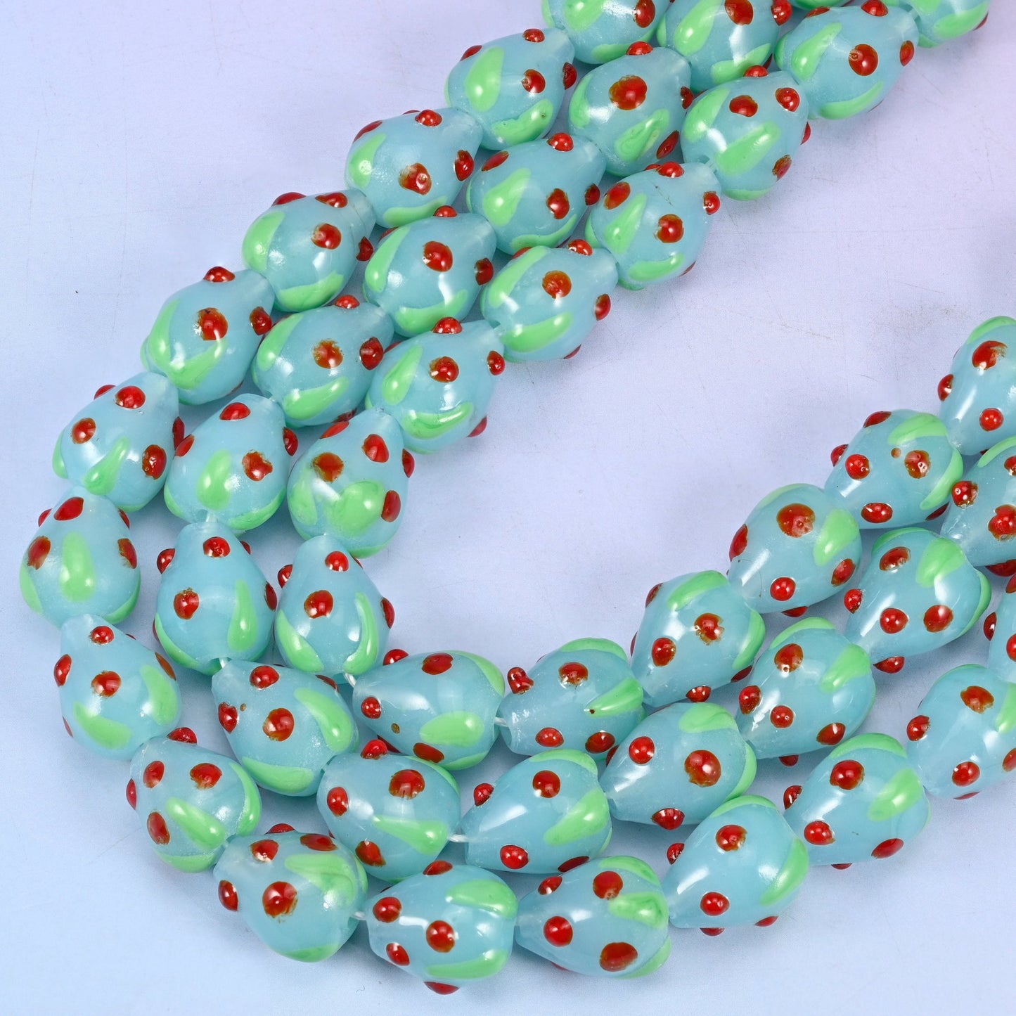 Light Blue Red Dots Strawberry Glass Beads, 12 inch strand