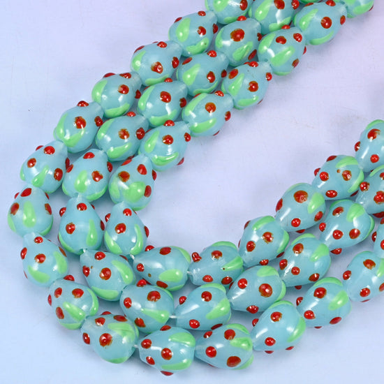 Light Blue Red Dots Strawberry Glass Beads, 12 inch strand