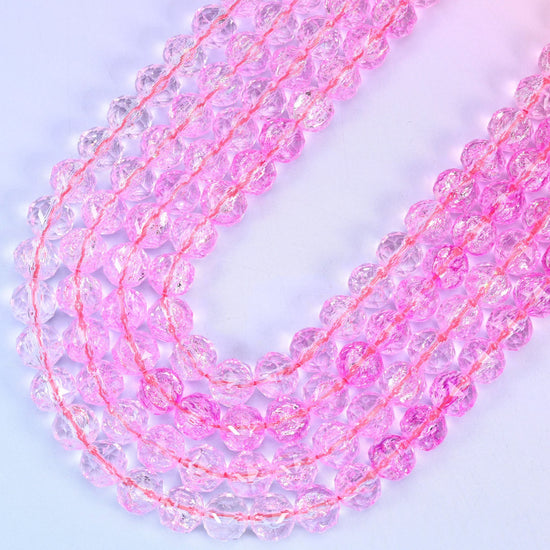 Transparent Pink Faceted Round Glass Beads, 15 inch strand