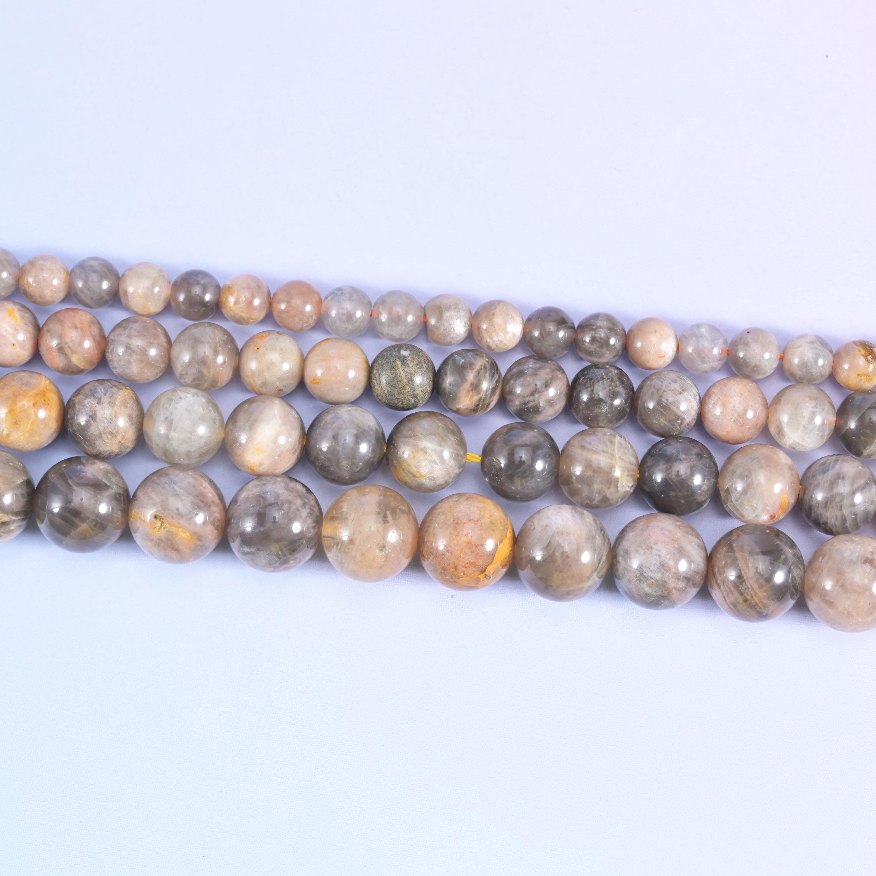 Black Moonstone Smooth Round Beads 6mm 8mm 10mm 12mm in warm grey, taupe and peach-beige with charcoal and cream streaking