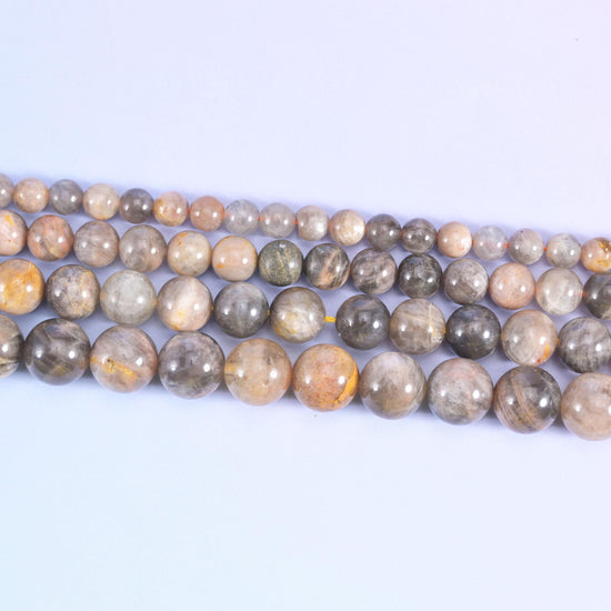 Black Moonstone Smooth Round Beads 6mm 8mm 10mm 12mm in warm grey, taupe and peach-beige with charcoal and cream streaking