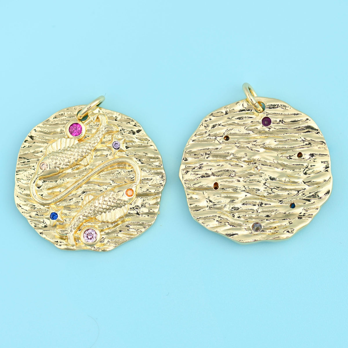 18K gold plated zodiac pendant with a coiled serpent motif, front and back views