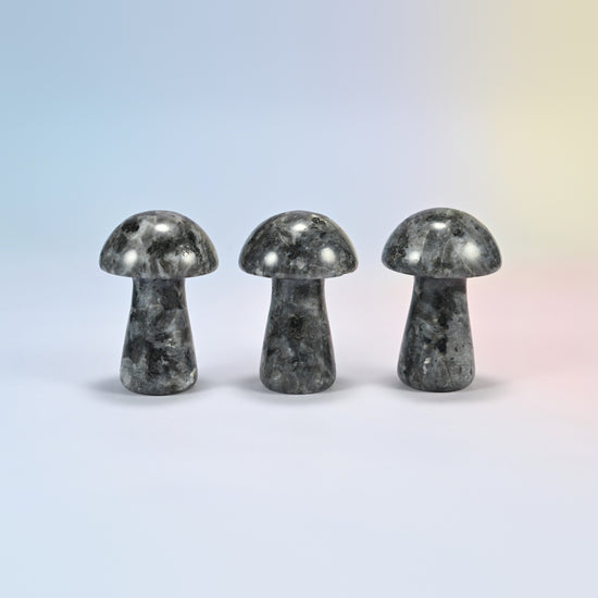 Three 2 inch black labradorite mushroom crystal carvings, dark gray natural stone with black and white speckles