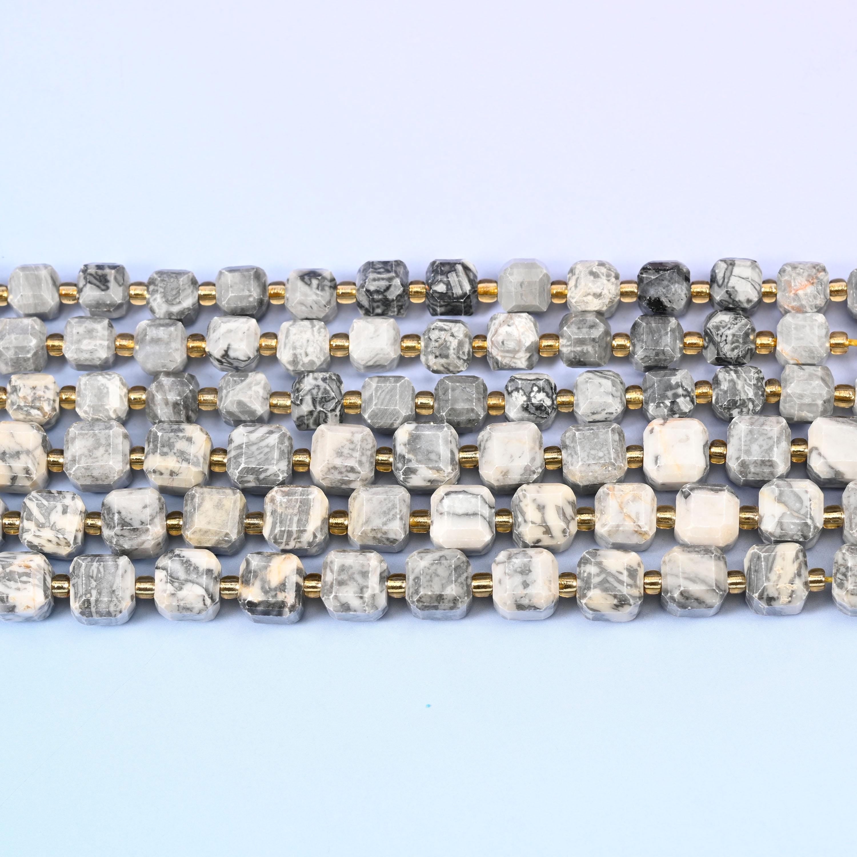 Map Jasper beads in cream and dove grey with charcoal line patterns
