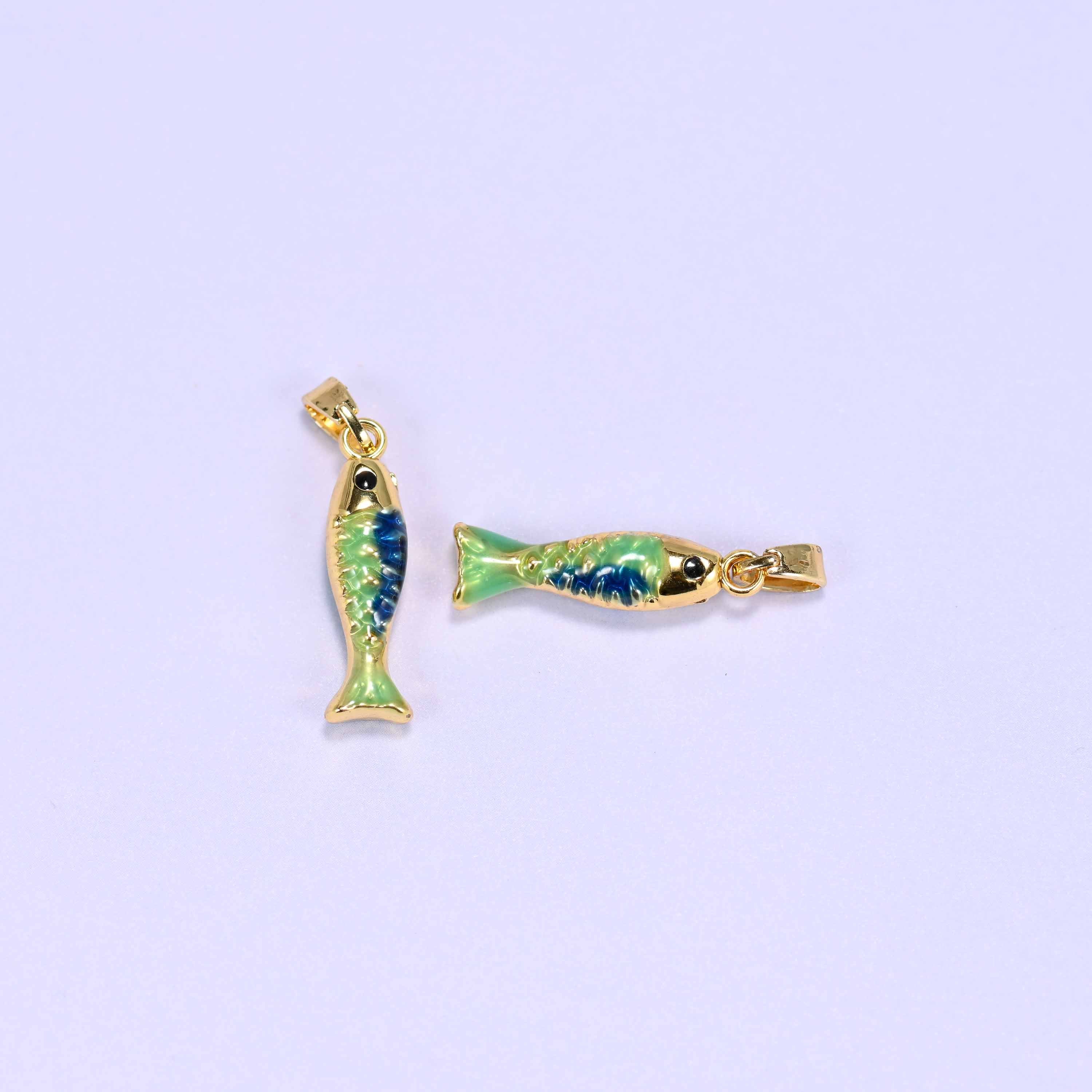 Enamel Blue Green Fish Charms: 18K Gold Filled Pendants, Jewelry Making Supply
