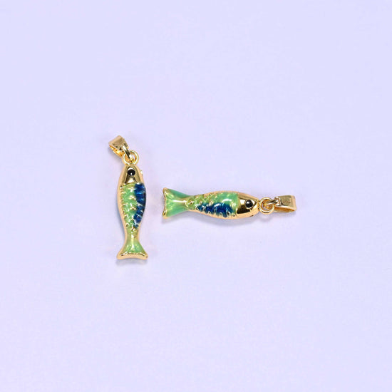 Enamel Blue Green Fish Charms: 18K Gold Filled Pendants, Jewelry Making Supply