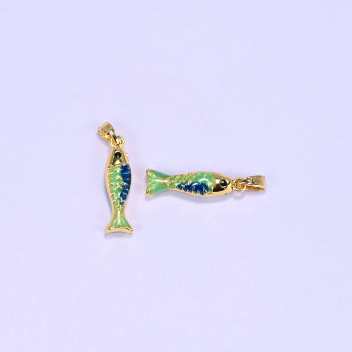 Enamel Blue Green Fish Charms: 18K Gold Filled Pendants, Jewelry Making Supply