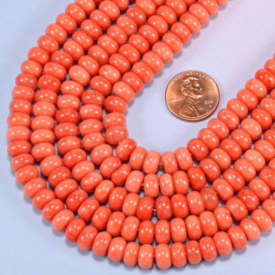 Red Orange dyed jade gemstone rondelle beads in a wide U, each bead 5x8mm with a 1.0mm centre-drilled hole
