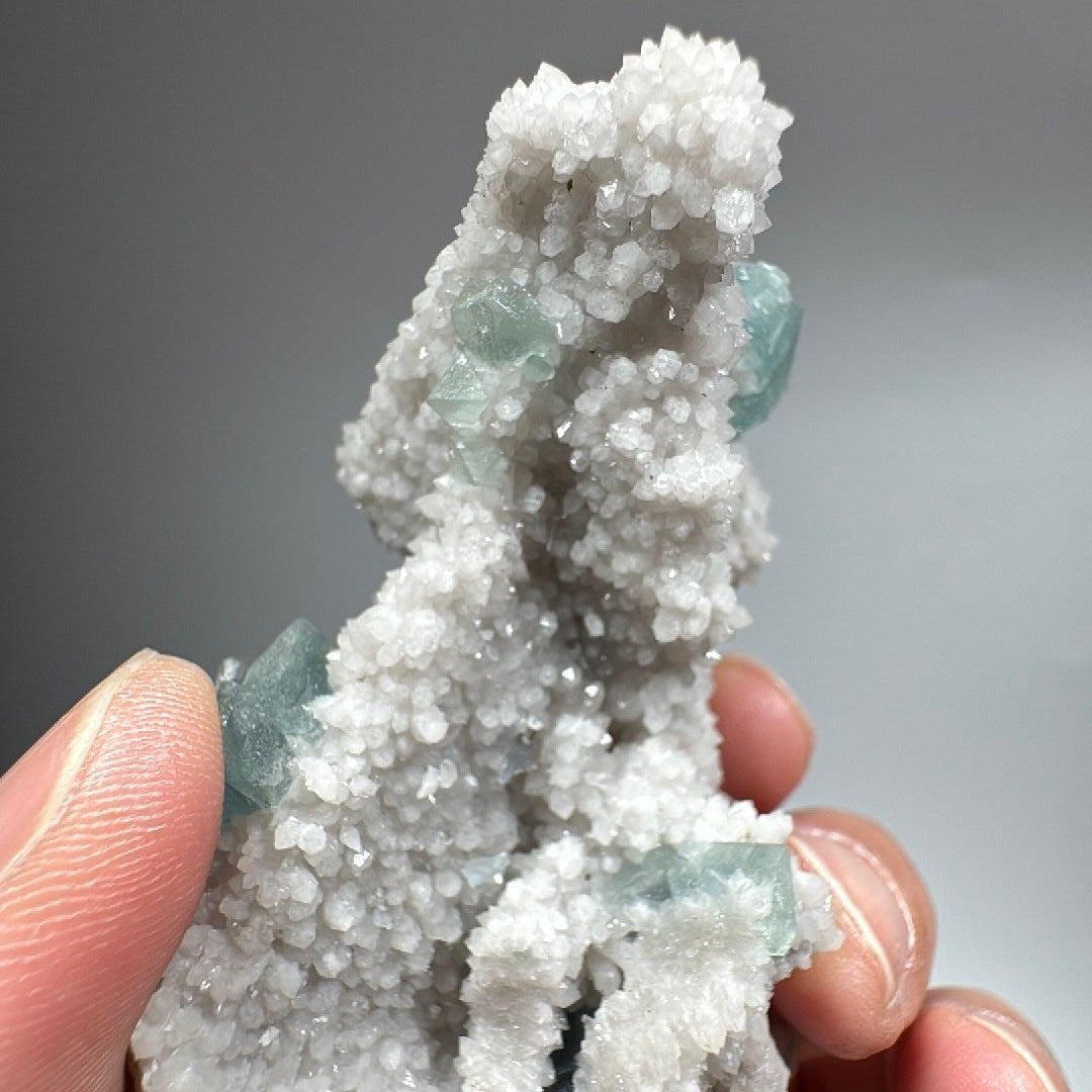 Natural white frosted crystal with blue green cubic fluorite, mineral specimen