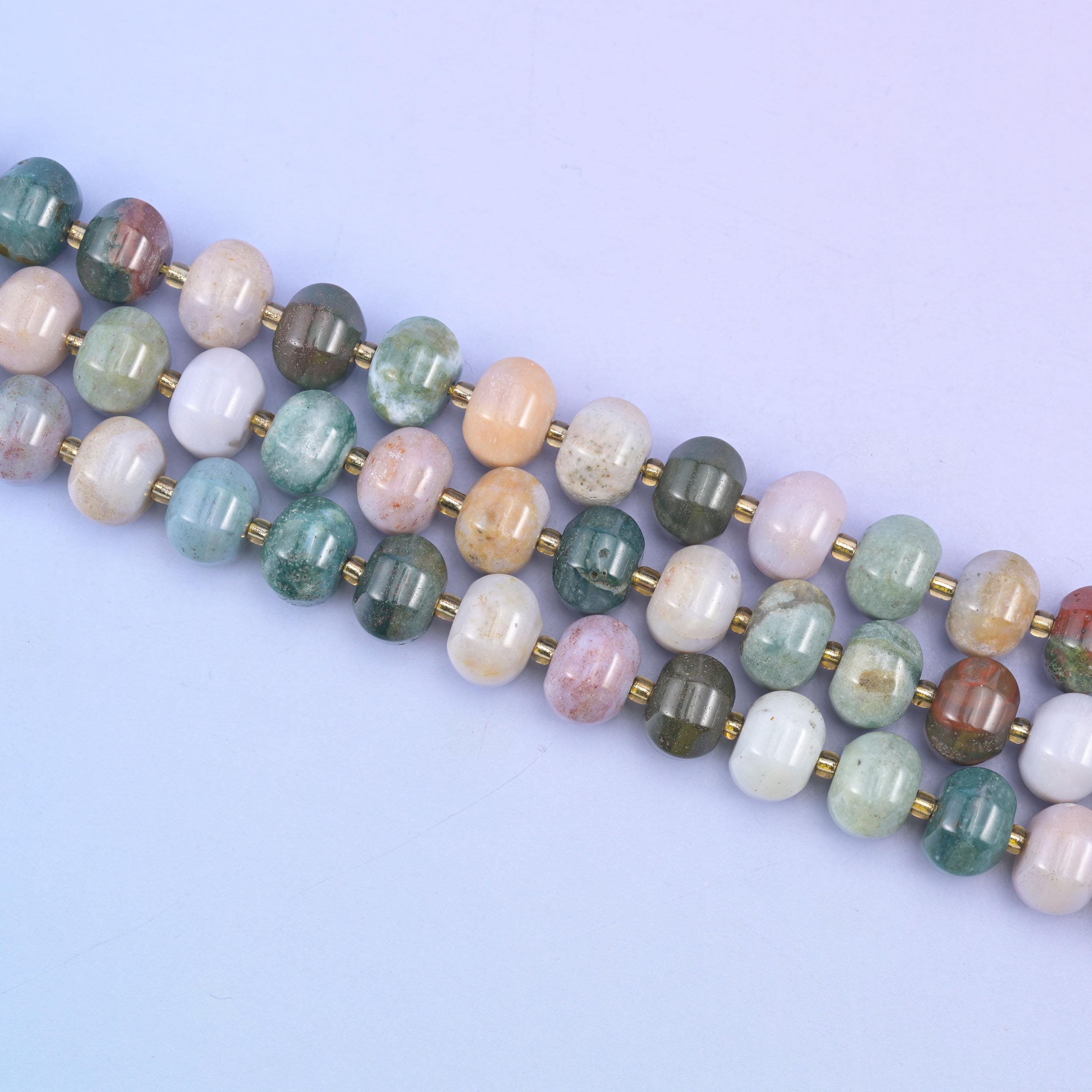 Indian agate beads in a mix of green, brown, cream and rust