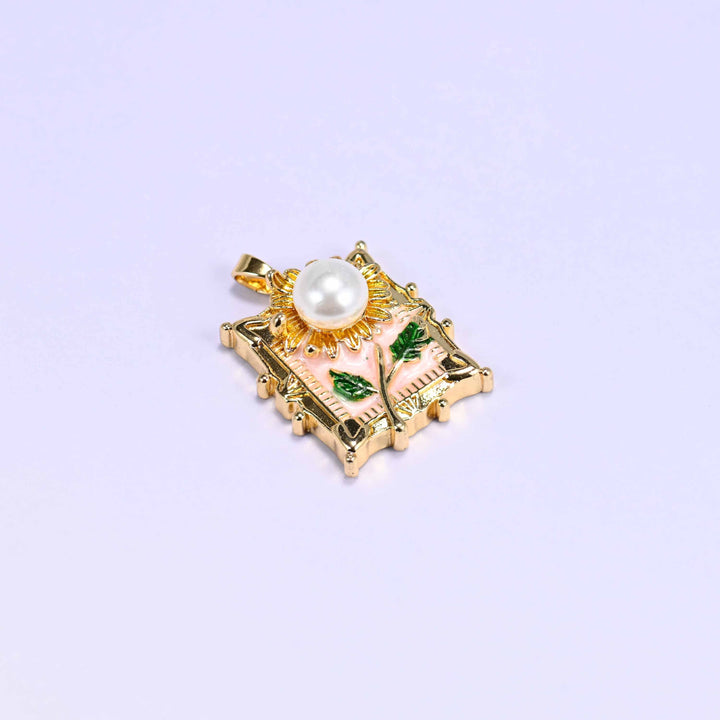 18K gold plated brass sunflower charm, ornate rectangular frame