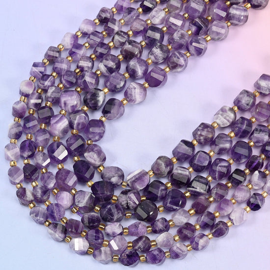 Chevron Amethyst Faceted Spiral Twist Beads 8mm 10mm, 15 inches
