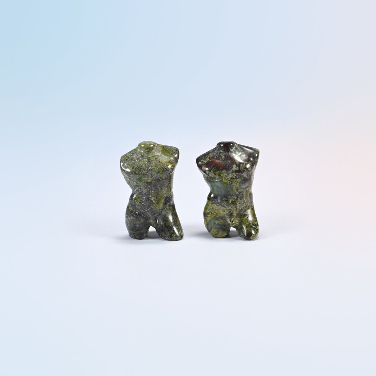 Two natural dragon bloodstone male goddess torso carvings, 1.3 inch, green with red