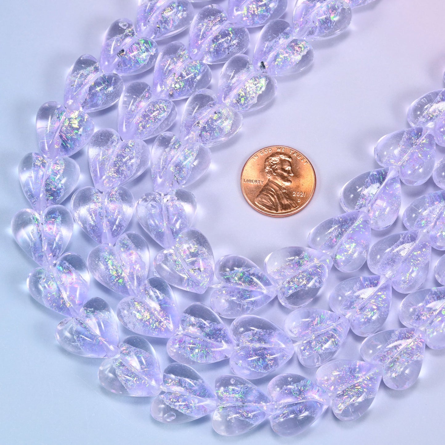 Iridescent Light Purple Heart Glass Beads, 16x15mm, 24pc Strand