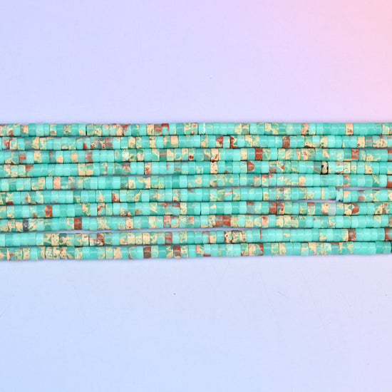 Blue Shoushan Stone Heishi Disc Beads 2x4mm in turquoise-green with rust-red and cream mottling