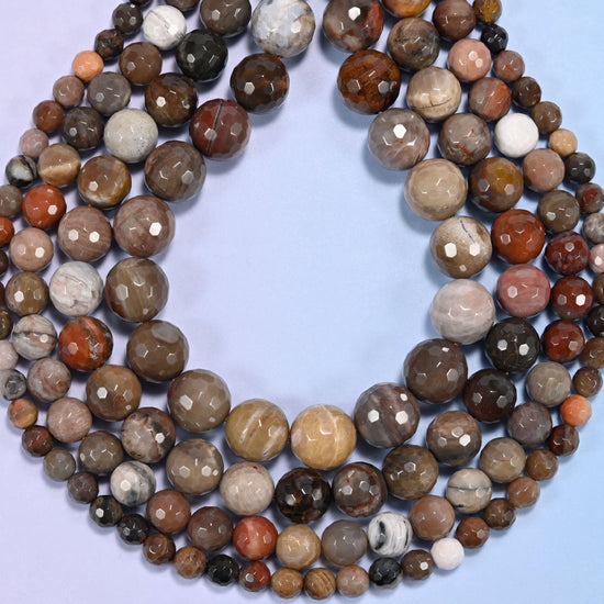 Petrified Wood Faceted Round Beads, taupe, coffee and mushroom brown stone streaked with rust red and charcoal grain lines
