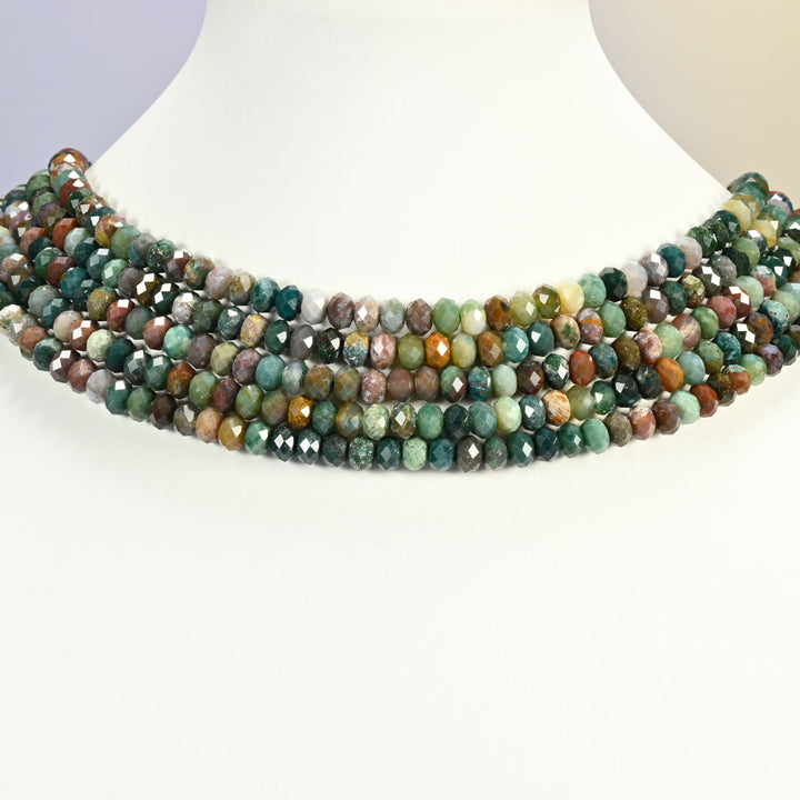 Indian Agate gemstone rondelle beads 4x6mm shown on a white neck display as a layered necklace