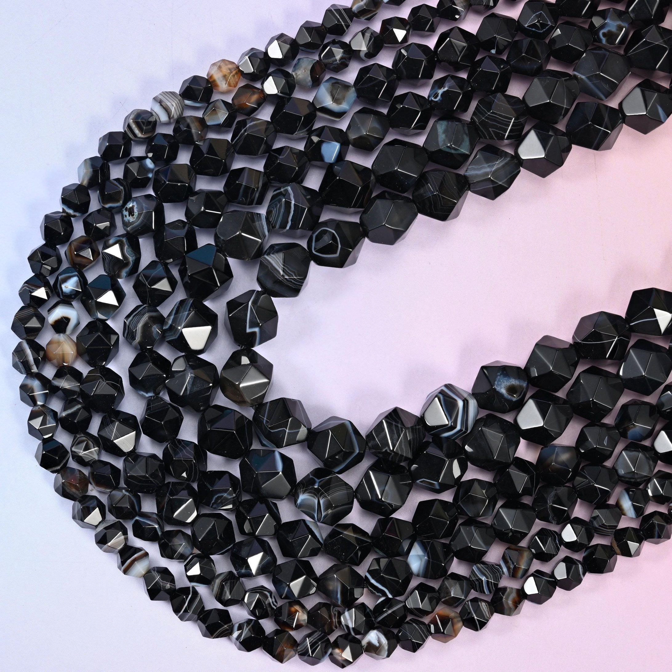 Black Strip Agate Diamond Cut Beads 6mm 8mm 10mm, 15.5 inches