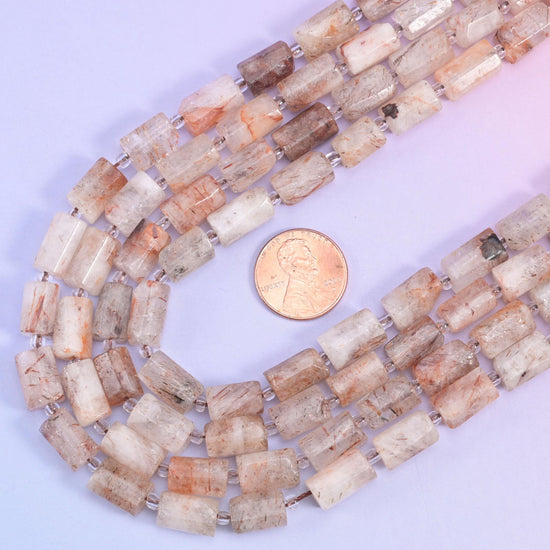 Red Copper Rutilated Quartz faceted tube beads, 15.5 inch strand