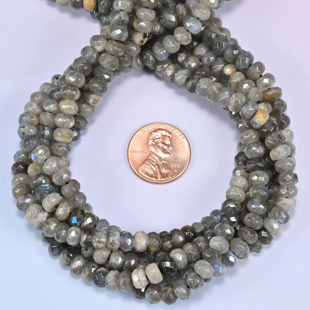 Gray Labradorite faceted rondelle beads looped close, center drilled with a 1.0mm hole