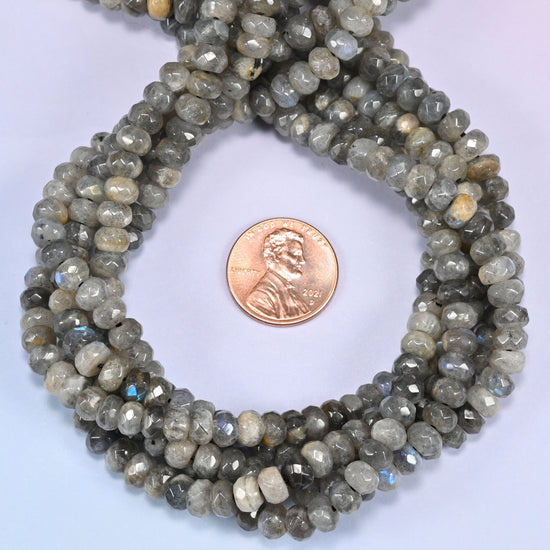 Gray Labradorite faceted rondelle beads looped close, center drilled with a 1.0mm hole