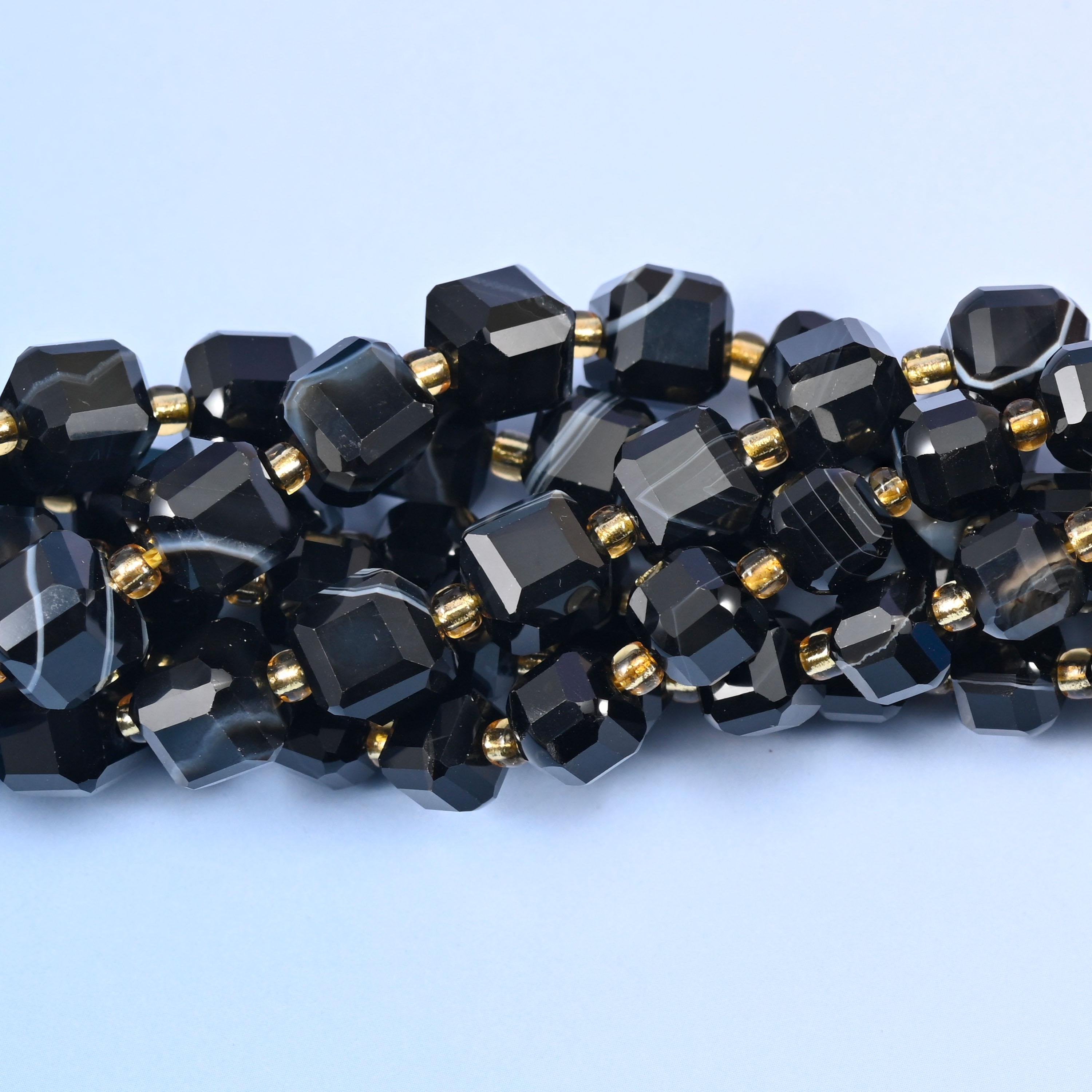 Dyed black strip agate faceted cube beads, approximately 43 beads (6mm) or 38 beads (8mm) per strand