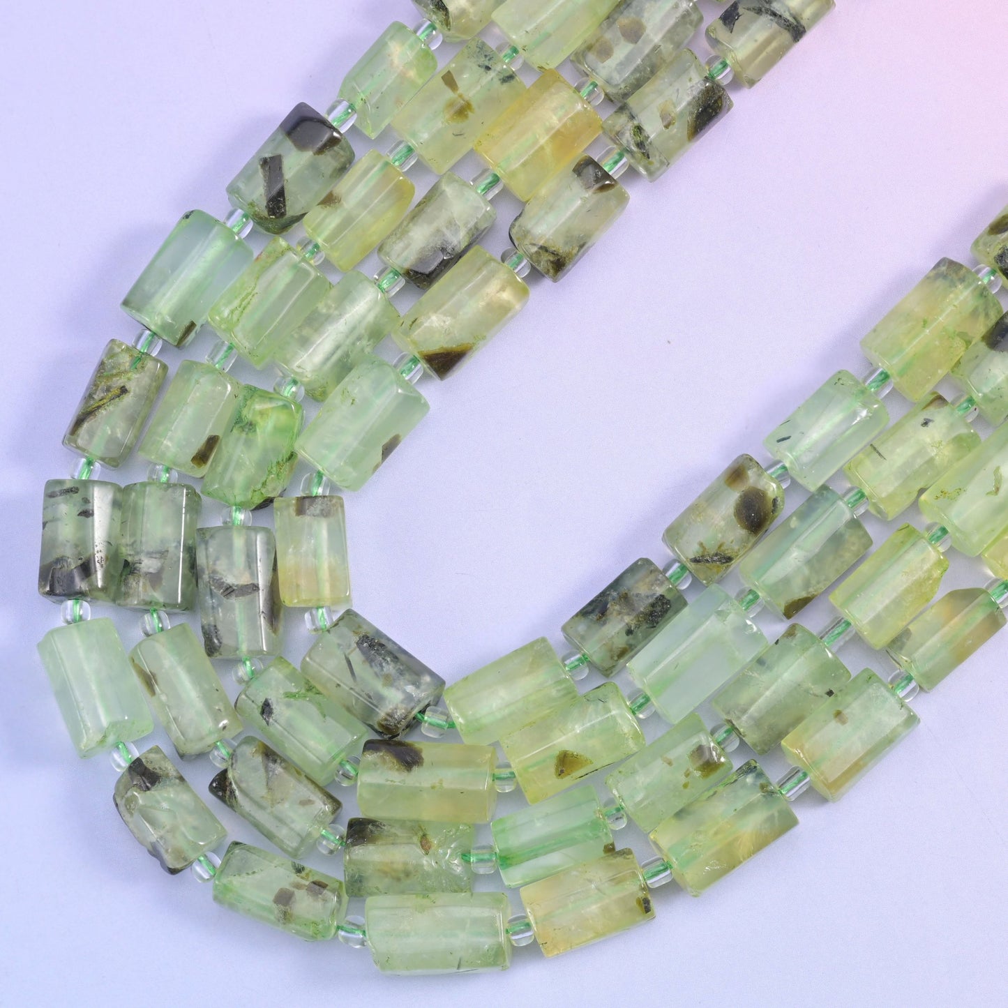 Prehnite faceted tube beads, 1.0mm centered hole